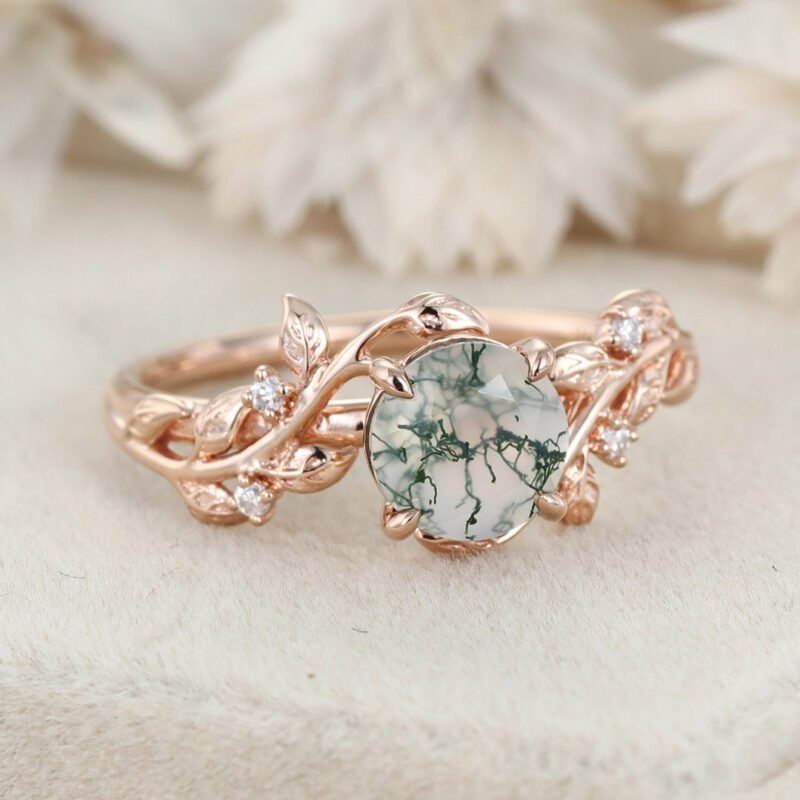Round Cut Green Moss Agate Ring Vintage Rose Gold Leaf Nature Inspired Unique Engagement Ring Five Stone Diamond Bridal Wedding Ring Women