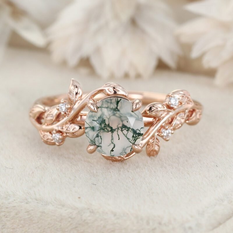 Round Cut Green Moss Agate Ring Vintage Rose Gold Leaf Nature Inspired Unique Engagement Ring Five Stone Diamond Bridal Wedding Ring Women