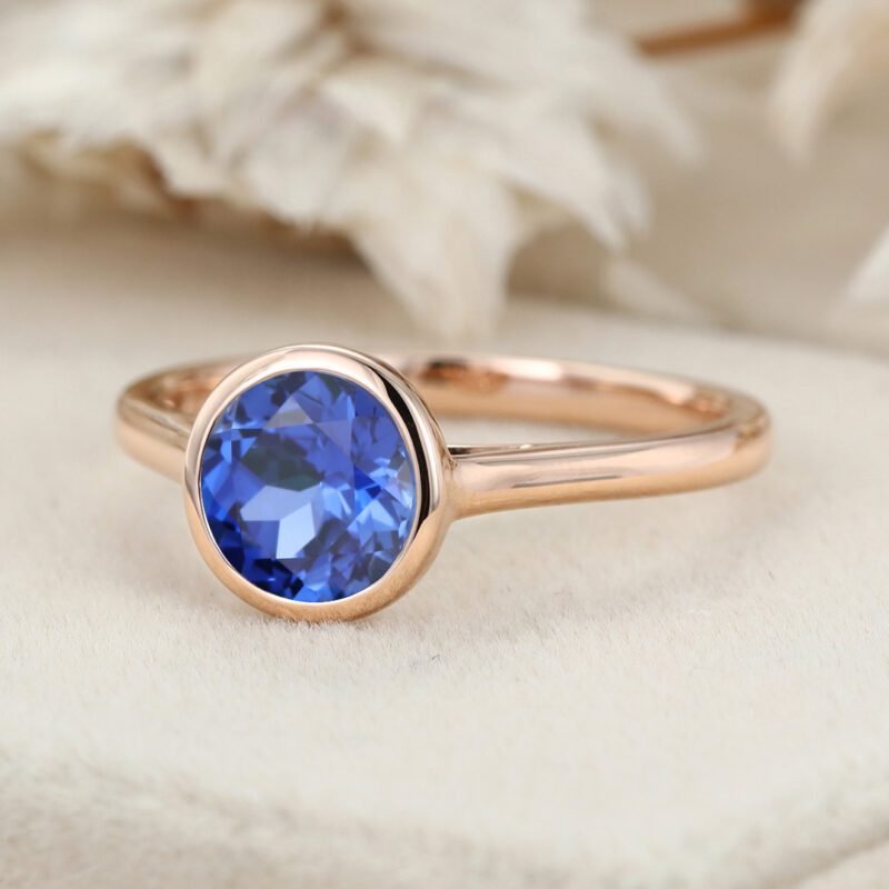 Round Cut Lab Sapphire Engagement Ring 14K Rose Gold Ring Solitaire Sapphire Ring September Birthstone Bezel Setting Anniversary Gift
