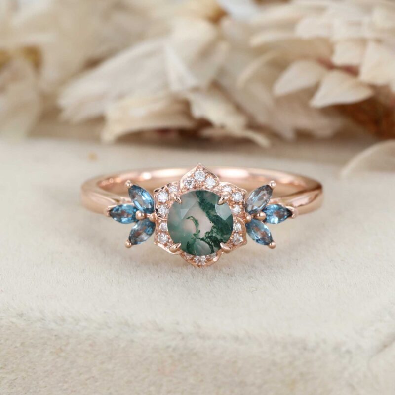 Round Cut Moss Agate Engagement Ring Marquise Blue Topaz Cluster Ring Unique 14K Rose Gold Ring