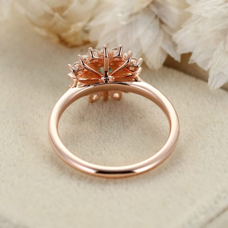 Round Cut Natural Moss Agate Engagement Ring Unique 14K Rose Gold Ring Women Vintage Cluster Ring Bridal Promise Ring Anniversary Ring