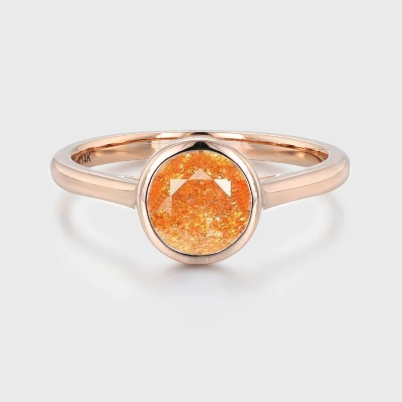 Round Cut Natural Sunstone Ring Bezel Set Sunstone Engagement Ring Orange Gemstone Birthday Gift for Women Girls Lucky Stone Ring