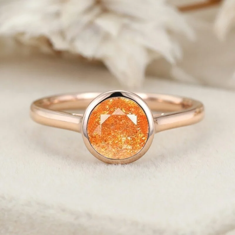 Round Cut Natural Sunstone Ring Bezel Set Sunstone Engagement Ring Orange Gemstone Birthday Gift for Women Girls Lucky Stone Ring