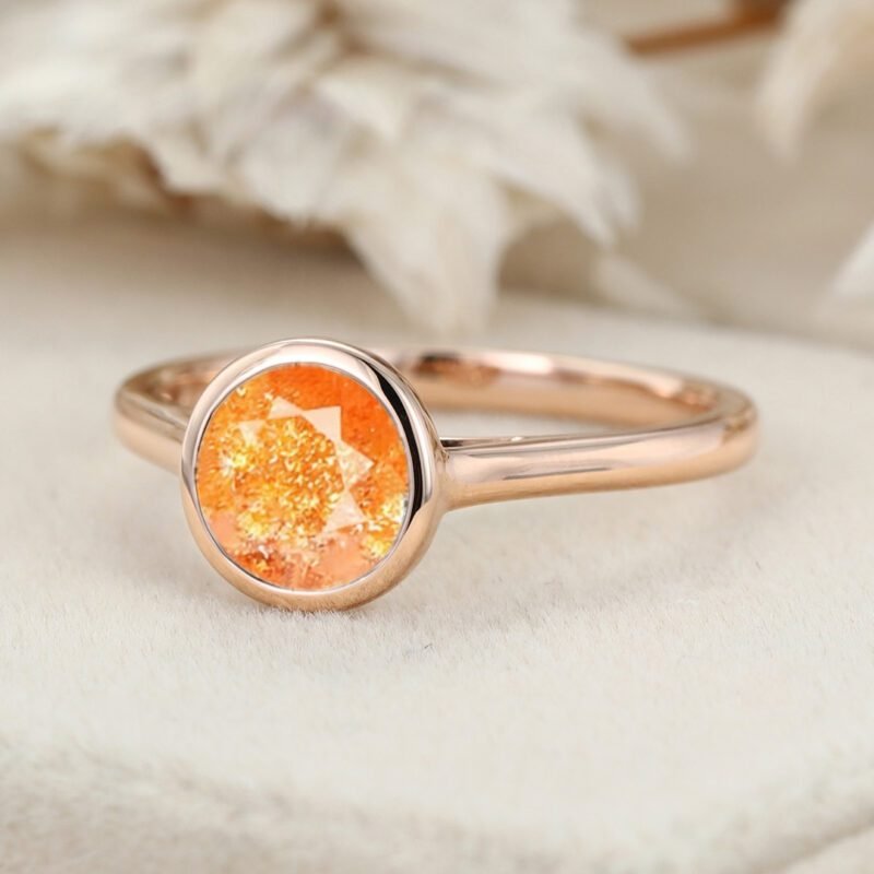 Round Cut Natural Sunstone Ring Bezel Set Sunstone Engagement Ring Orange Gemstone Birthday Gift for Women Girls Lucky Stone Ring