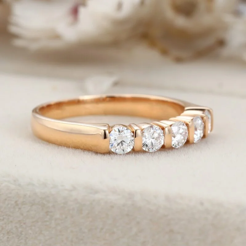 Round Moissanite wedding band 14K solid gold Unique Half eternity ring rose gold wedding band vintage Stacking Matching bridal promise gift