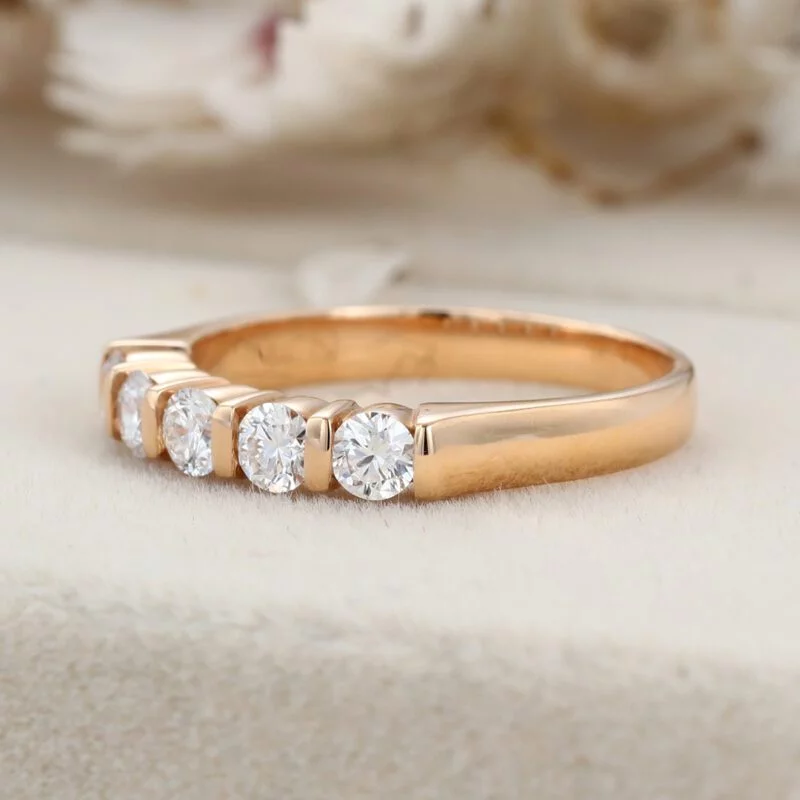 Round Moissanite wedding band 14K solid gold Unique Half eternity ring rose gold wedding band vintage Stacking Matching bridal promise gift