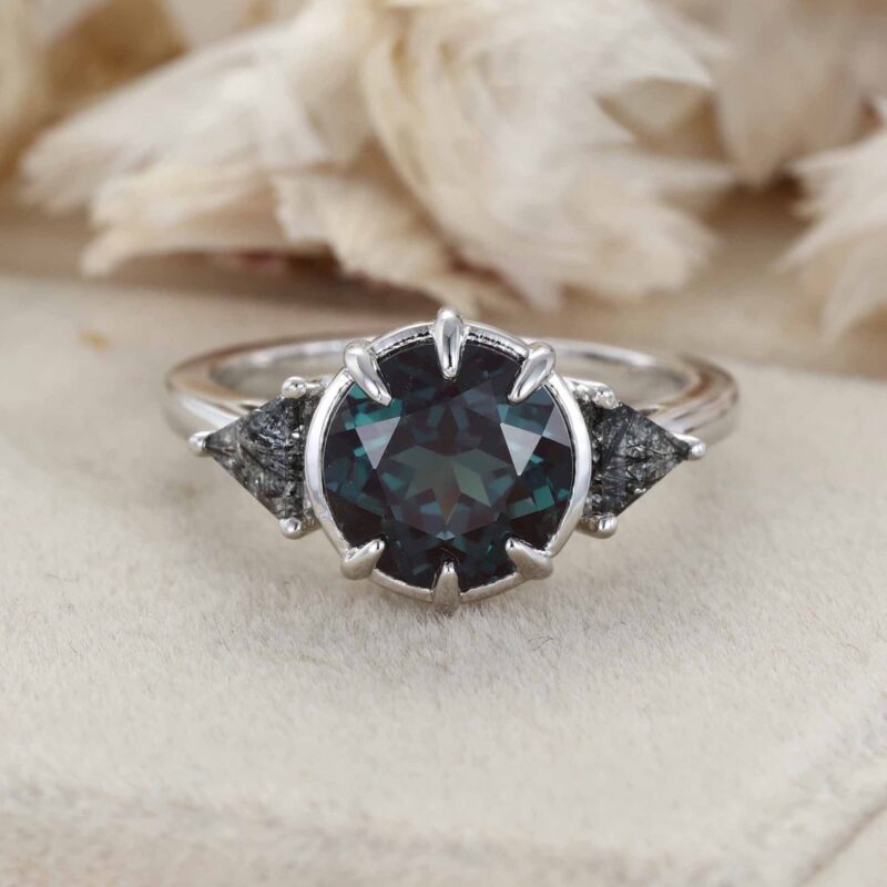 Round cut Lab Alexandrite 14K White Gold Engagement Ring Black Rutilated Quartz Ring