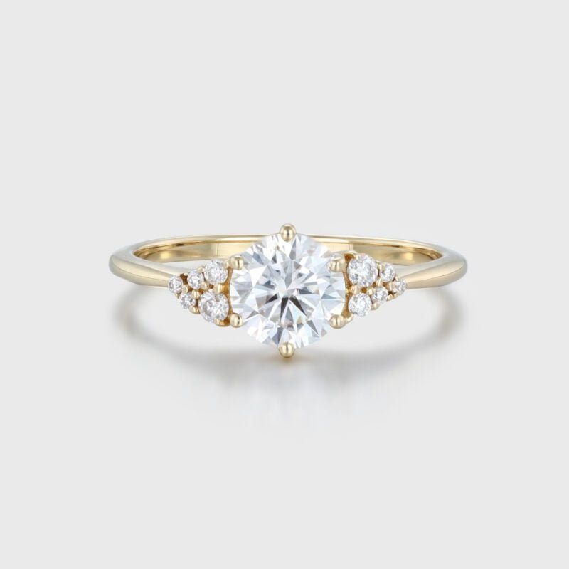 1 CT Round Cut Yellow Gold Moissanite Cluster Engagement Ring for Women