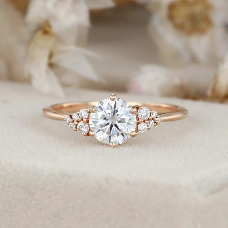 Round cut moissanite engagement ring women cluster engagement ring unique Rose gold diamond ring Bridal Promise Anniversary gift for women