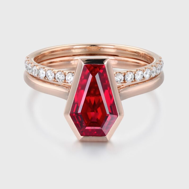 Ruby Solitaire Engagement Ring 1.8CT Coffin Cut Bezel Lab Ruby Ring Set Rose Gold Ring Half Eternity Band Diamond Wedding Ring
