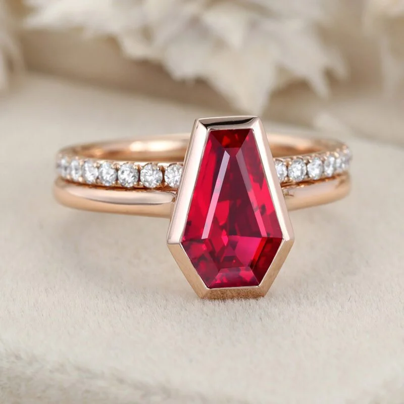 Ruby Solitaire Engagement Ring 1.8CT Coffin Cut Bezel Lab Ruby Ring Set Rose Gold Ring Half Eternity Band Diamond Wedding Ring