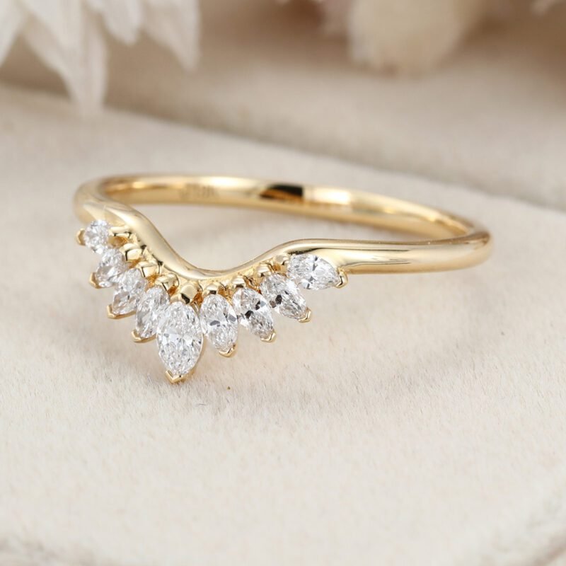 Solid 14K Yellow Gold Ring Vintage Marquise Cut Diamond Wedding Curved Matching Bridal Stacking Ring