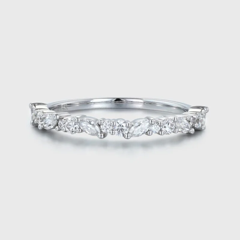 Solid 14K white gold wedding band women Moissanite wedding band Unique Half Eternity diamond ring Vintage Bridal Promise gift for her