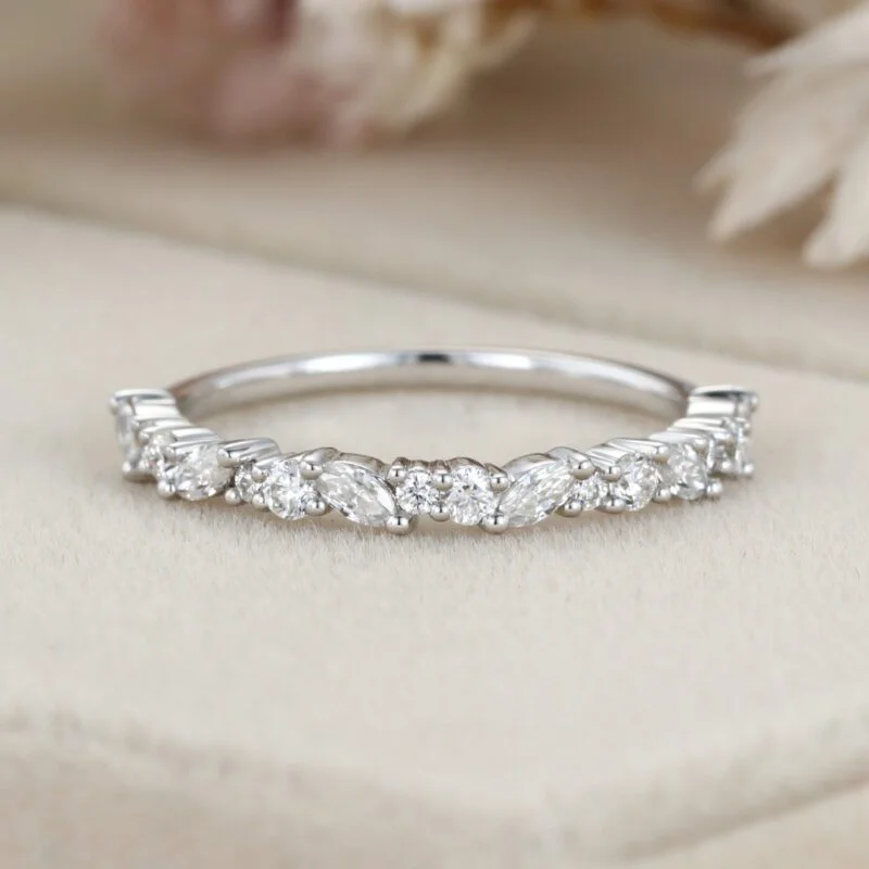 Solid 14K white gold wedding band women Moissanite wedding band Unique Half Eternity diamond ring Vintage Bridal Promise gift for her