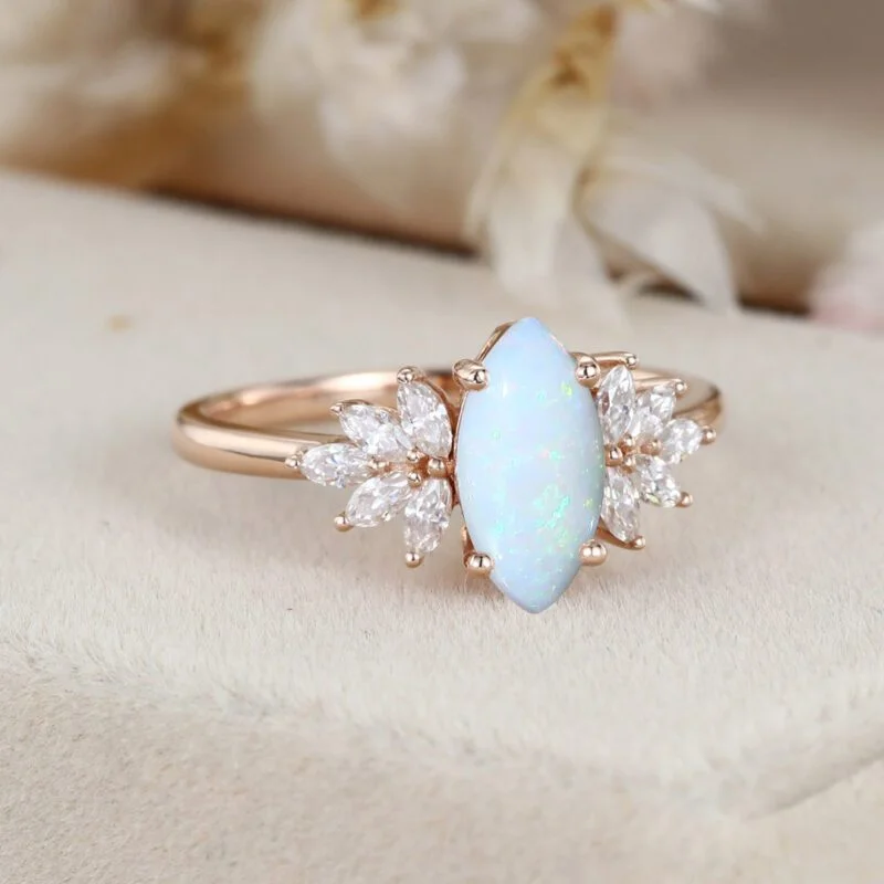 Solid 14k Rose Gold Ring Unique Marquise Opal engagement ring Vintage Diamond Engagement Ring Dainty Ring Promise Anniversary Gift For Her