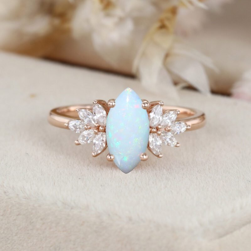 Solid 14k Rose Gold Ring Unique Marquise Opal engagement ring Vintage Diamond Engagement Ring Dainty Ring Promise Anniversary Gift For Her