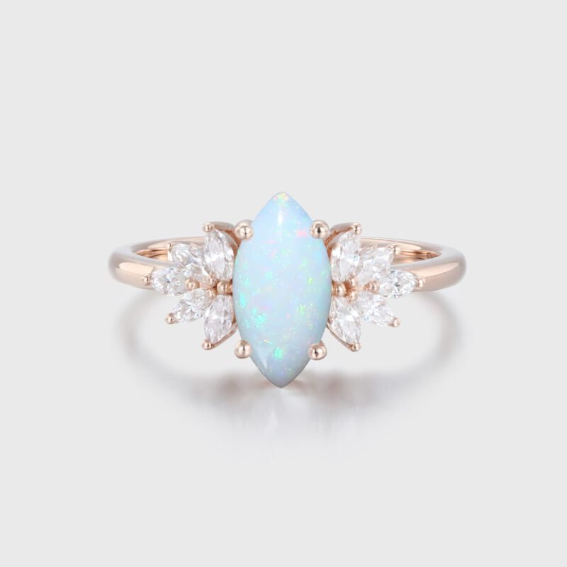 Solid 14k Rose Gold Ring Unique Marquise Opal engagement ring Vintage Diamond Engagement Ring Dainty Ring Promise Anniversary Gift For Her