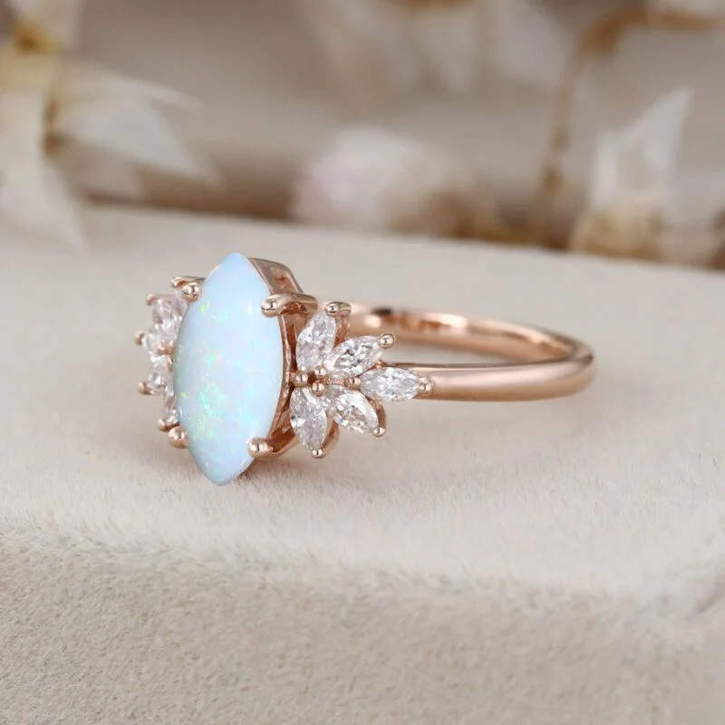 Solid 14k Rose Gold Ring Unique Marquise Opal engagement ring Vintage Diamond Engagement Ring Dainty Ring Promise Anniversary Gift For Her