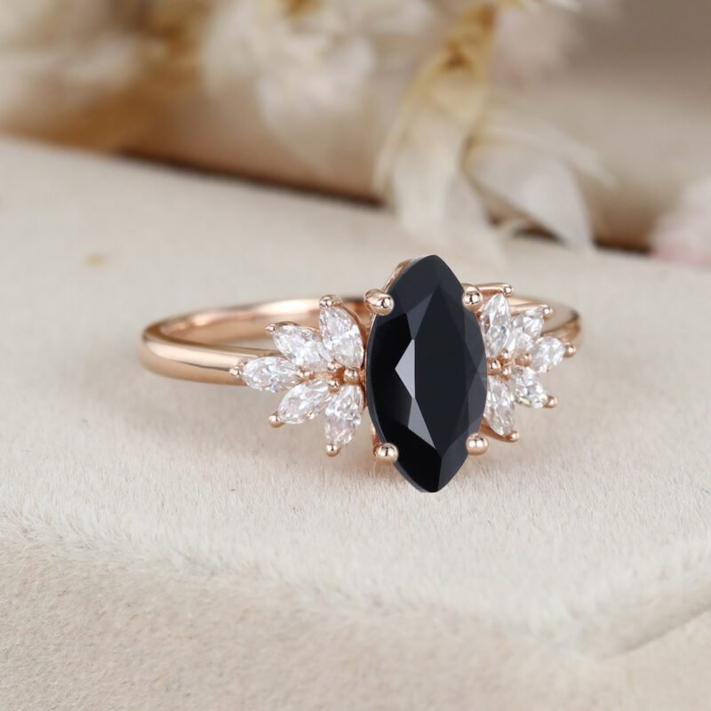 Solid Rose Gold Engagement Ring Marquise Black onyx Engagement Ring Marquise Moissanite Ring Diamond Cluster Ring Promise Anniversary Gift