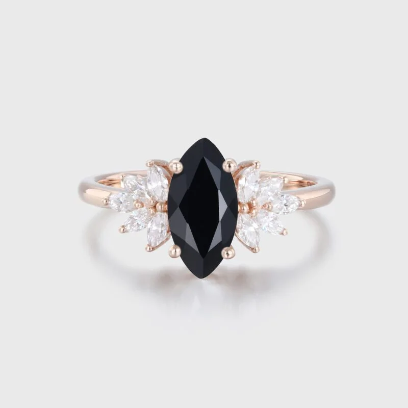 Marquise Cut Black Onyx Ring 14K Rose Gold Engagement Bridal Promise Anniversary Gift For Women