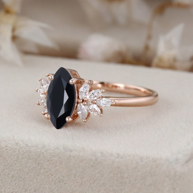 Solid Rose Gold Engagement Ring Marquise Black onyx Engagement Ring Marquise Moissanite Ring Diamond Cluster Ring Promise Anniversary Gift
