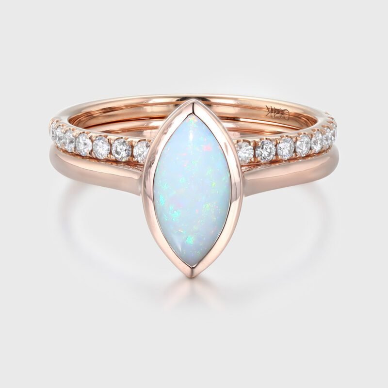 Solitaire 1.0CT Marquise Opal Engagement Ring Set 2PCS Art Deco Bridal Ring Set Half Eternity Moissanite Wedding Bands
