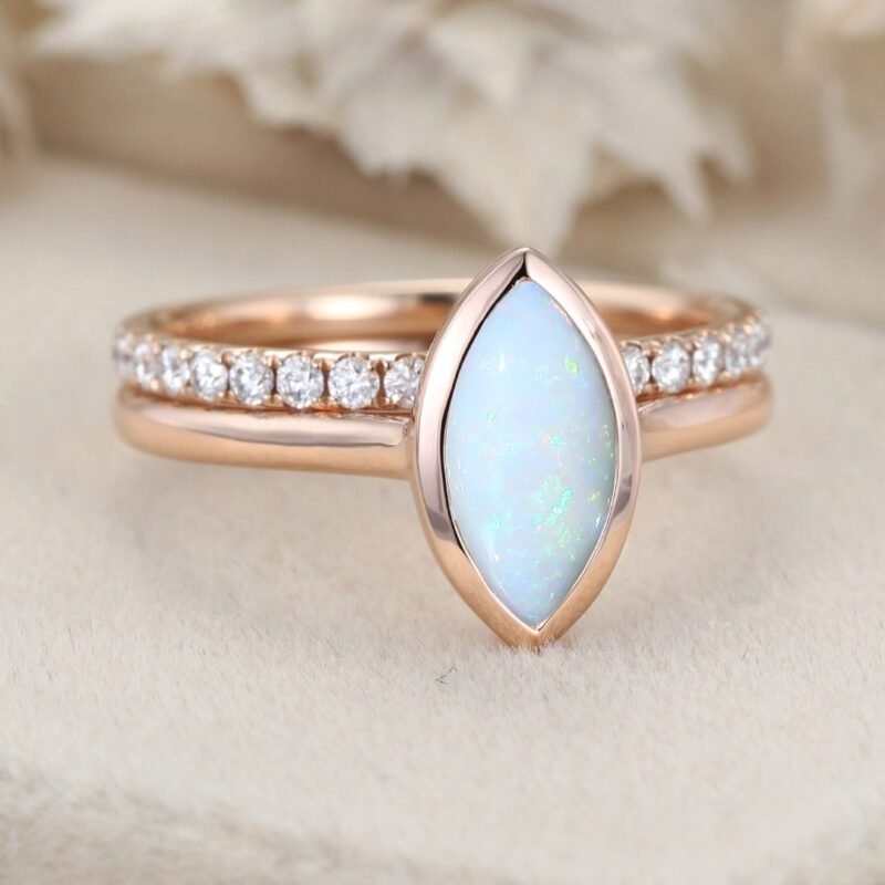 Solitaire 1.0CT Marquise Opal Engagement Ring Set 2PCS Art Deco Bridal Ring Set Half Eternity Moissanite Wedding Bands