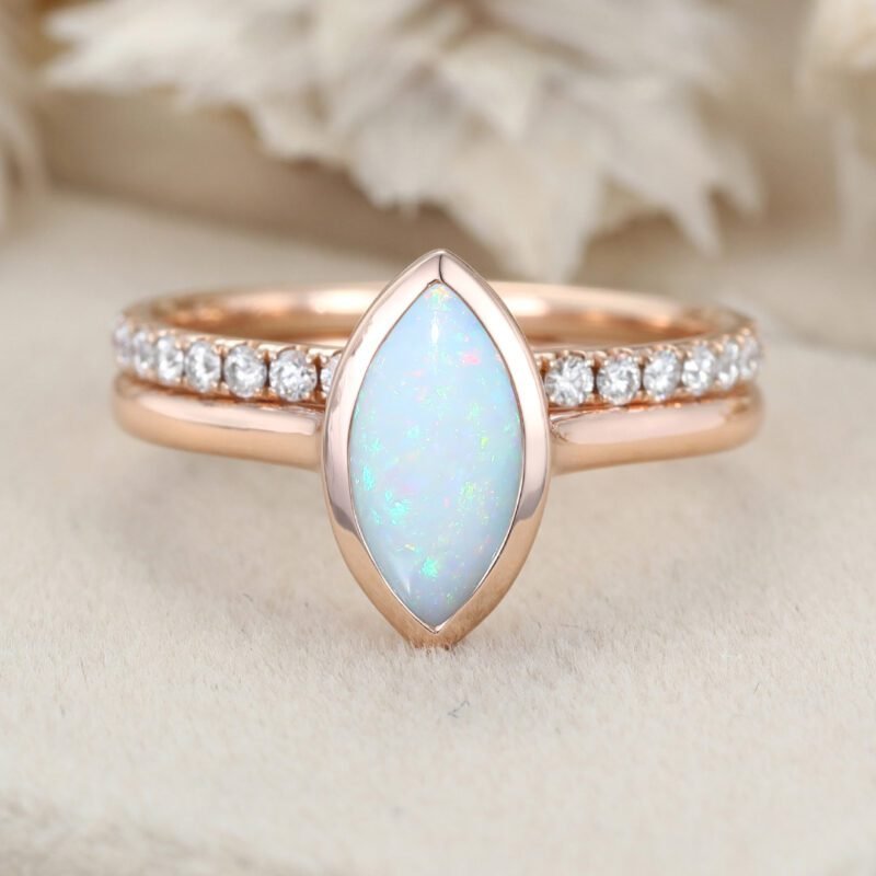 Solitaire 1.0CT Marquise Opal Engagement Ring Set 2PCS Art Deco Bridal Ring Set Half Eternity Moissanite Wedding Bands
