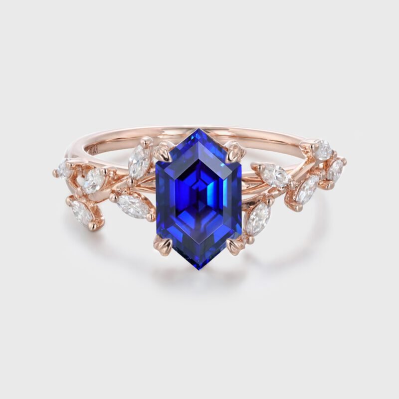 Stunning Hexagon Cut Lab Sapphire Engagement Ring with Marquise Moissanite in 14K Solid Gold Branch Design