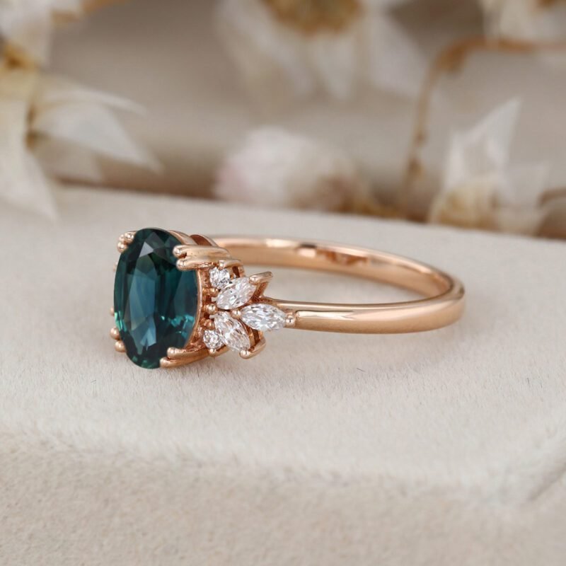 Teal Sapphire Engagement Ring Unique Oval Blue Green Sapphire Ring Solid 14k Gold Marquise Moissanite Wedding Bridal Ring Anniversary Ring