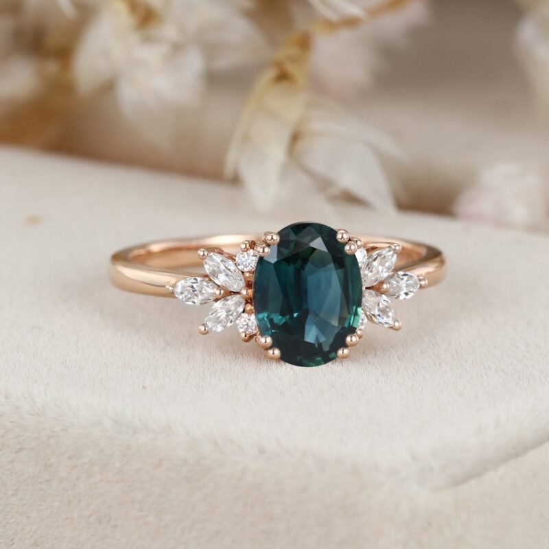 Teal Sapphire Engagement Ring Unique Oval Blue Green Sapphire Ring Solid 14k Gold Marquise Moissanite Wedding Bridal Ring Anniversary Ring