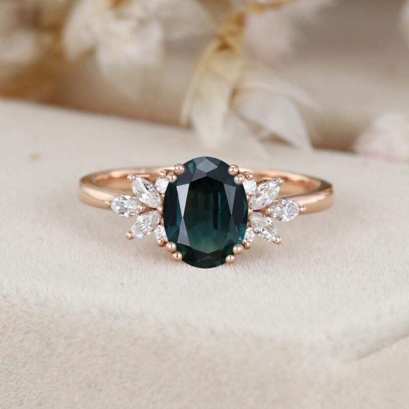 Teal Sapphire Engagement Ring Unique Oval Blue Green Sapphire Ring Solid 14k Gold Marquise Moissanite Wedding Bridal Ring Anniversary Ring