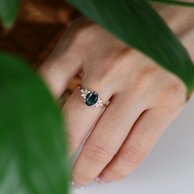 Teal Sapphire Engagement Ring Unique Oval Blue Green Sapphire Ring Solid 14k Gold Marquise Moissanite Wedding Bridal Ring Anniversary Ring