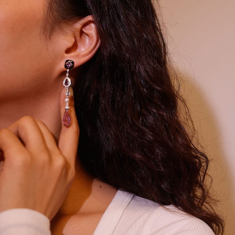 Three Stone Long Drops Amethyst Earrings Luxe Tear Drop Pear Shaped & Princess Cut Earrings Unique Pearl 14K Solid Gold Earrings
