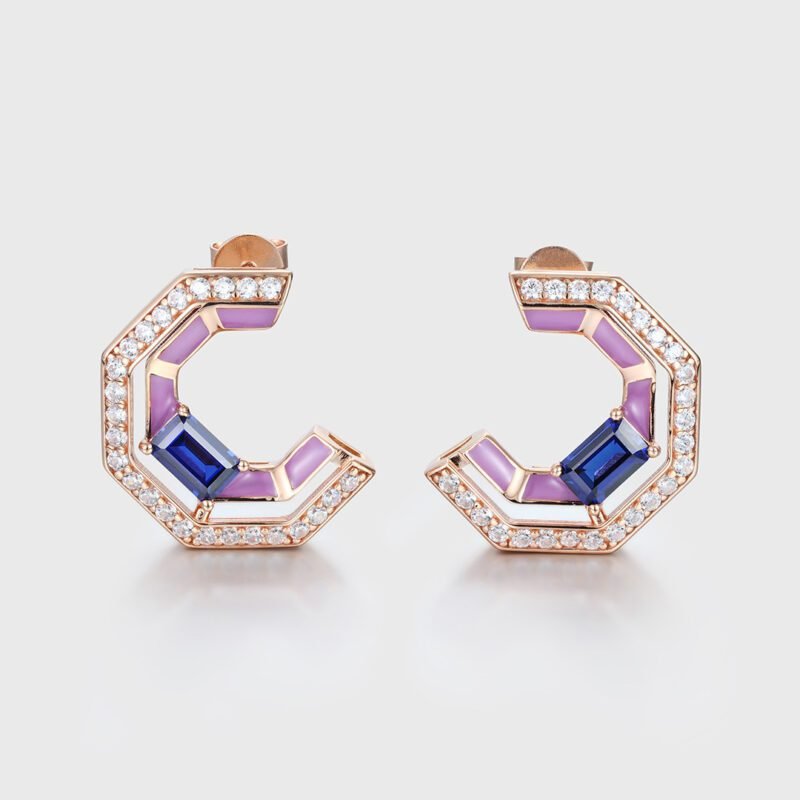 Tip Top Amethyst Half Hoop Earrings Baguette Cut Blue Sapphire Earrings Diamond Halo 14K Solid Gold Earrings