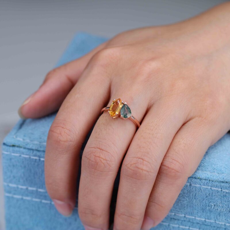 Toi Et Moi Engagement Ring 14K Rose Gold Pear Shaped Lab Moss Agate & Hexagon Cut Citrine Two Stone Wedding Ring