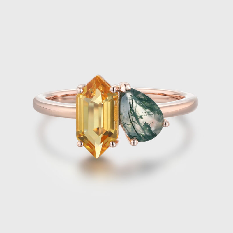 Toi Et Moi Engagement Ring 14K Rose Gold Pear Shaped Lab Moss Agate & Hexagon Cut Citrine Two Stone Wedding Ring