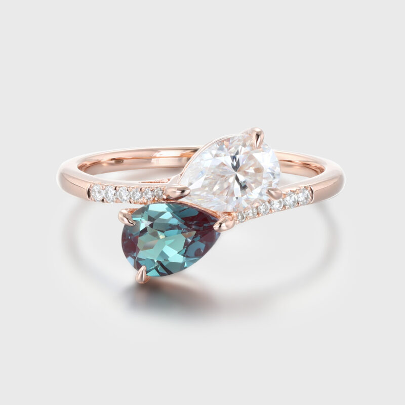 Oveela Pear Cut Toi Et Moi Engagement Ring Lab Alexandrite & Moissanite Ring 14k Solid Gold Two Stone Wedding Ring