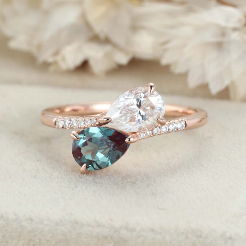 Toi Et Moi Engagement Ring Lab Alexandrite & Moissanite Ring 14k Solid Gold Two Stone Wedding Ring