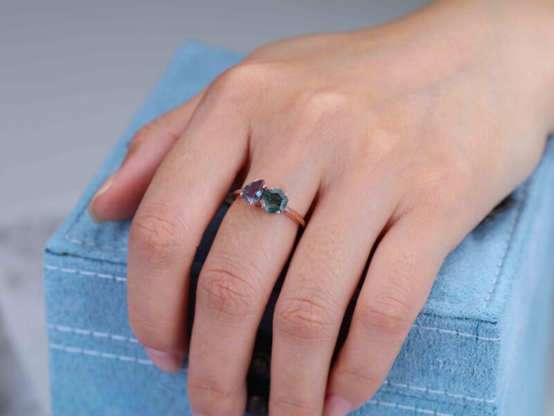 Toi Et Moi Ring Hexagon Cut Moss Agate Engagement Ring 2 Stone Double Stone Wedding Ring Pear Cut Alexandrite Ring