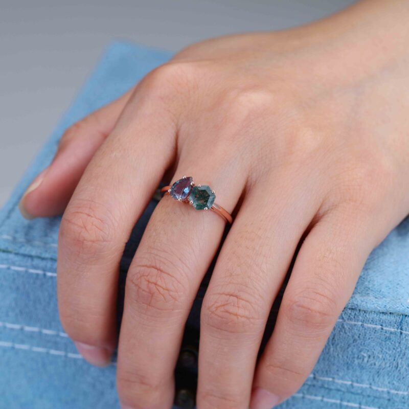 Toi Et Moi Ring Hexagon Cut Moss Agate Engagement Ring 2 Stone Double Stone Wedding Ring Pear Cut Alexandrite Ring