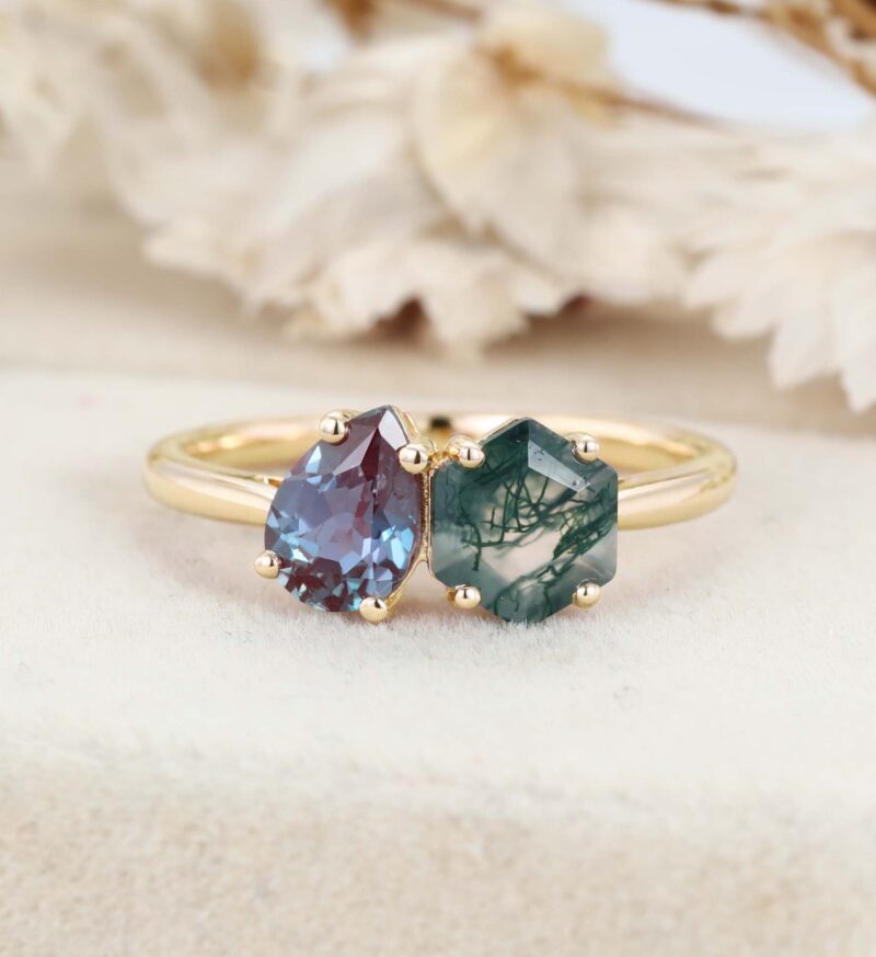 Toi Et Moi Ring Hexagon Cut Moss Agate Engagement Ring 2 Stone Double Stone Wedding Ring Pear Cut Alexandrite Ring