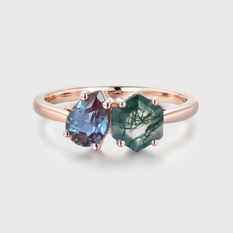 Toi Et Moi Ring Hexagon Cut Moss Agate Engagement Ring 2 Stone Double Stone Wedding Ring Pear Cut Alexandrite Ring