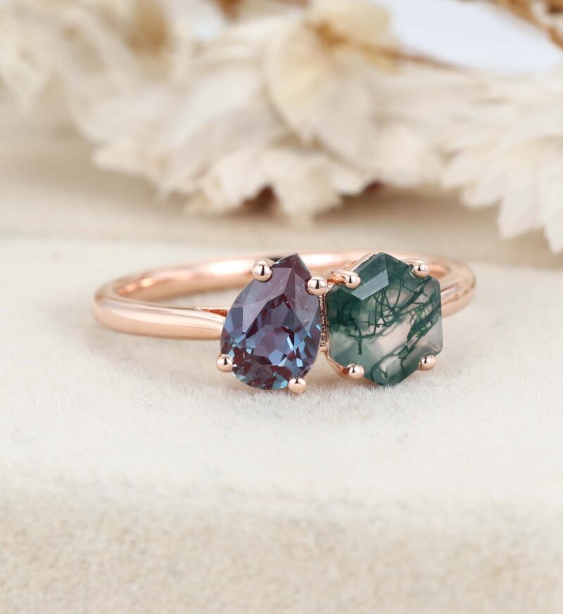 Toi Et Moi Ring Hexagon Cut Moss Agate Engagement Ring 2 Stone Double Stone Wedding Ring Pear Cut Alexandrite Ring