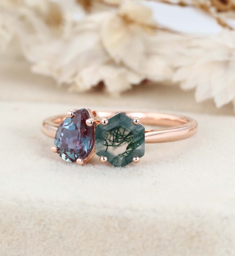 Toi Et Moi Ring Hexagon Cut Moss Agate Engagement Ring 2 Stone Double Stone Wedding Ring Pear Cut Alexandrite Ring