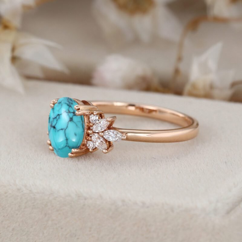 Turquoise engagement ring Vintage Oval shaped women Rose gold moissanite unique diamond wedding ring Bridal marquise cut art deco ring