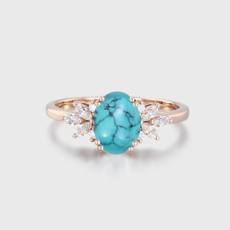 Turquoise engagement ring Vintage Oval shaped women Rose gold moissanite unique diamond wedding ring Bridal marquise cut art deco ring
