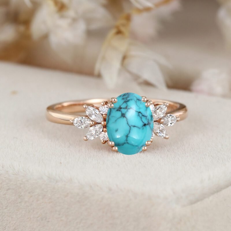 Turquoise engagement ring Vintage Oval shaped women Rose gold moissanite unique diamond wedding ring Bridal marquise cut art deco ring