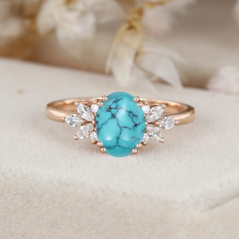 Turquoise engagement ring Vintage Oval shaped women Rose gold moissanite unique diamond wedding ring Bridal marquise cut art deco ring