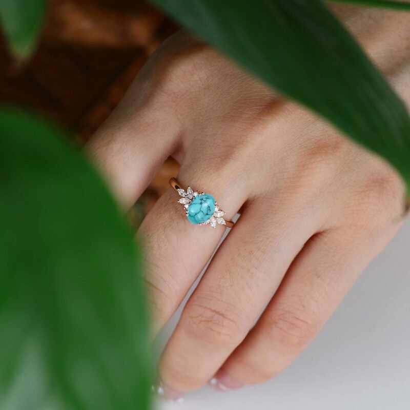 Turquoise engagement ring Vintage Oval shaped women Rose gold moissanite unique diamond wedding ring Bridal marquise cut art deco ring